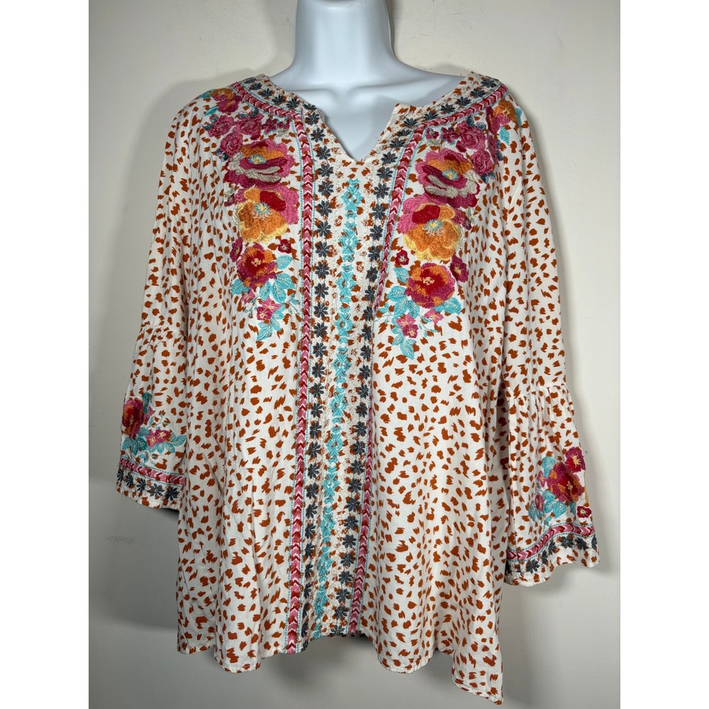 Savanna Jane Tunic Blouse Orange White Embroidered Floral Animal Print Large